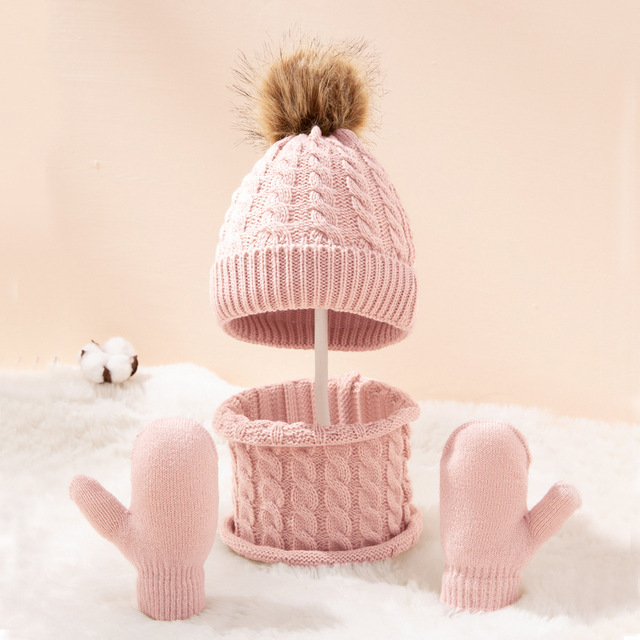 New Winter Hat Scarf Gloves Set For Kids 0-3 Years Boys Girls Children Cotton Warm Pom Poms Hat Sets Solid Color Cute Hat Scarf