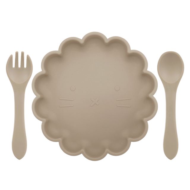 Children's Silicone Dinner Plate Strong Sucker Cartoon Lion Baby Feeding Set BPA Free Wooden Handle Fork Spoon Baby Shower Gift