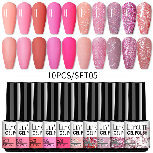 LILYCUTE 10pcs Gel Nail Polish Set With UV Lamp Nude Gel Semi Permanent Hybrid Varnish Base Top Coat Soak Off UV LED Nail Art