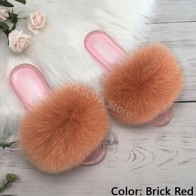 fluffy slippers women real fur home slides summer crystal rhinestones shoes for women flip flops with fur jelly sandals women