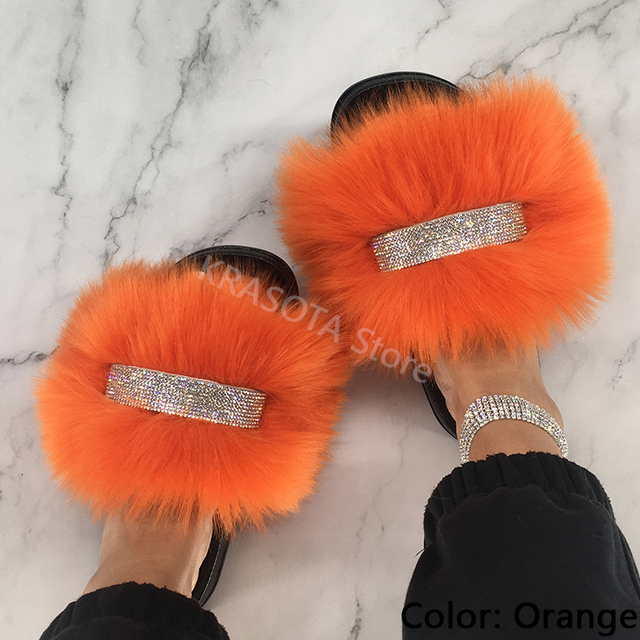 Home Slippers Women Thin Slippers Luxury Summer Faux Fur Slippers Furry Slides Shoes For Women With Rhinestones Slipper 2022