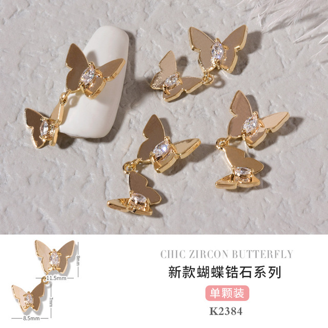 3pcs Butterfly manicure new luxury zircon nail drill paste three-dimensional metal pendant chain nail jewelry