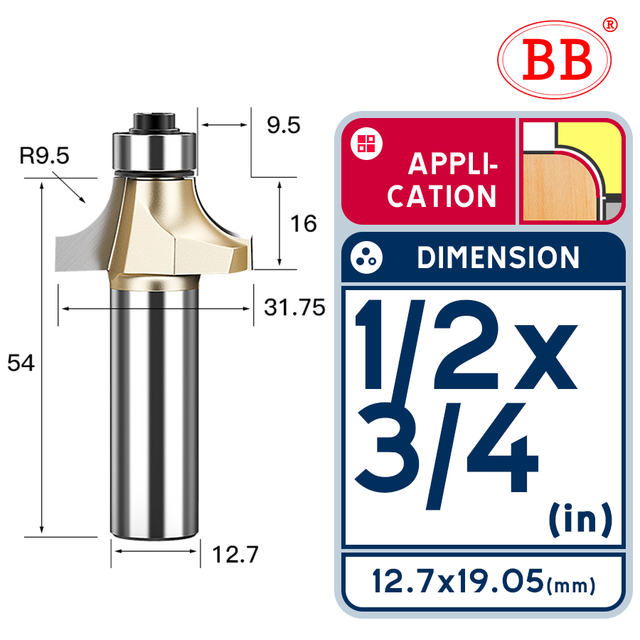 BB Corner Rounding Router Bit Concave Milling Cutter with Parallel Shank 1/2 1/4 Inch Woodworking Tool Round Edge Trimmer