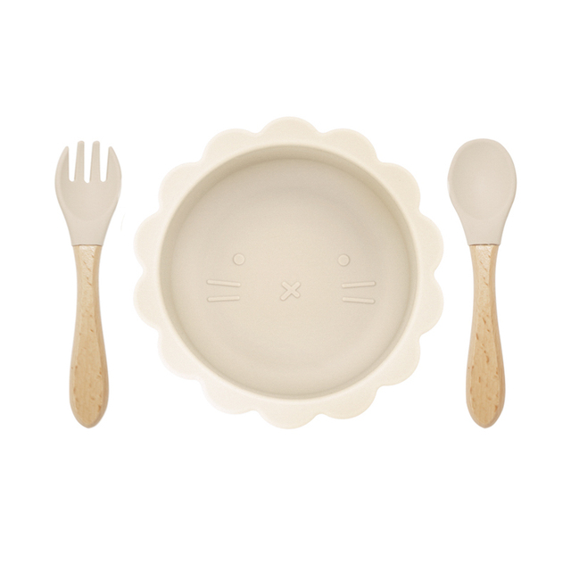 Cute silicone bowl children's complementary tableware food bowl BPA-free waterproof tableware plate wooden spoon silicone fork