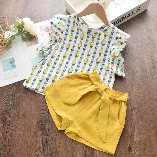 2022 Summer New Kids Clothes Fruit Print Casual Girls Clothing Set + Pants 2 Pack Fashion Ribbon Bow Set Toddler Clothing