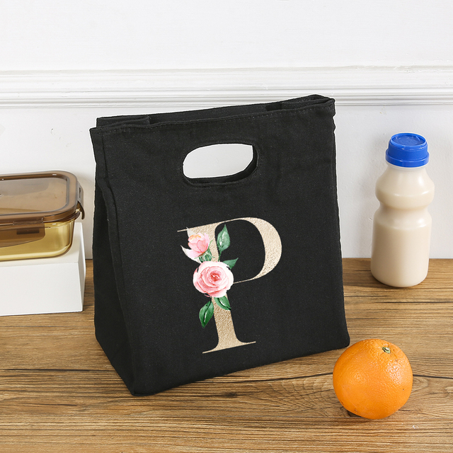 Rose Flower Letters A-Z Canvas Lunch Bag Harajuku Insulated Functional Thermal Pouch Cooler Bags for Women Funny Kid Picnic Box