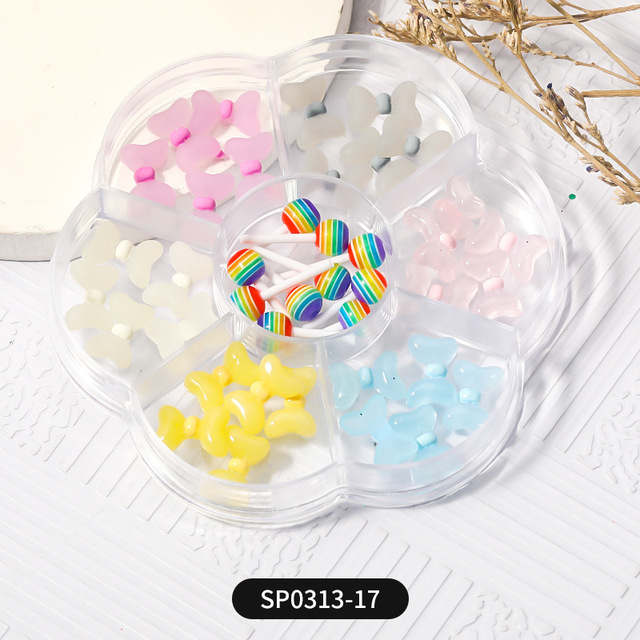 1 Box of 7 Nail Art Decorations Bow Aurora Bear Butterfly Rhinestone Pearl Mixed Set Box DIY Nail Decoration designer charms