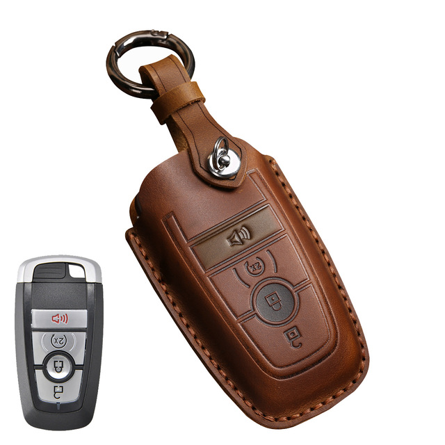 Leather Key Case Cover Fob Keychain Holder For Lincoln Ford Raptor F150 Explorer Everest Ranger Accessories Remote Keyring Bag