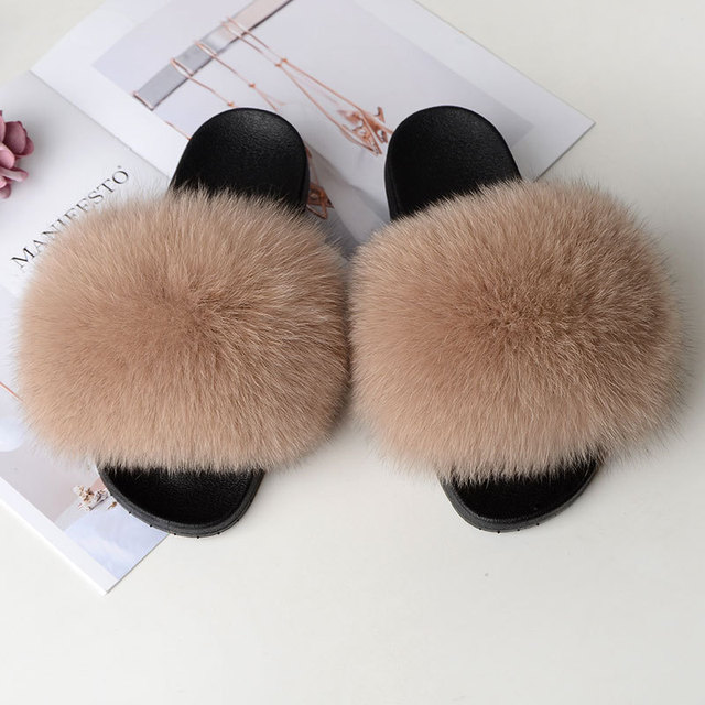 Genuine Fluffy Fur Slippers Women Summer Indoor Flip Flops Fur Sandals Slides Ladies Home Furry Plush Shoes Woman Fur Slides