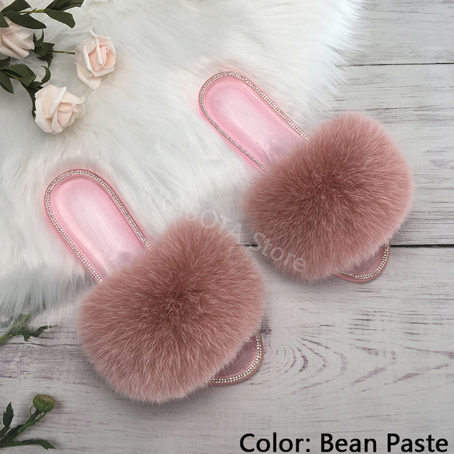 fluffy slippers women real fur home slides summer crystal rhinestones shoes for women flip flops with fur jelly sandals women