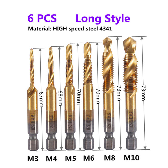 1-6pcs M3 M4 M5 M6 M8 M10 Tap Drill Bits 1/4 Hex Shank Machine Hand Taps Titanium Coated HSS Drill Tap Bits Threaded Screw Tools