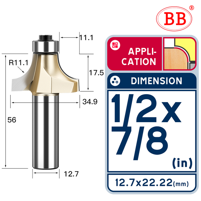 BB Corner Rounding Router Bit Concave Milling Cutter with Parallel Shank 1/2 1/4 Inch Woodworking Tool Round Edge Trimmer