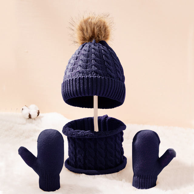 New Winter Hat Scarf Gloves Set For Kids 0-3 Years Boys Girls Children Cotton Warm Pom Poms Hat Sets Solid Color Cute Hat Scarf