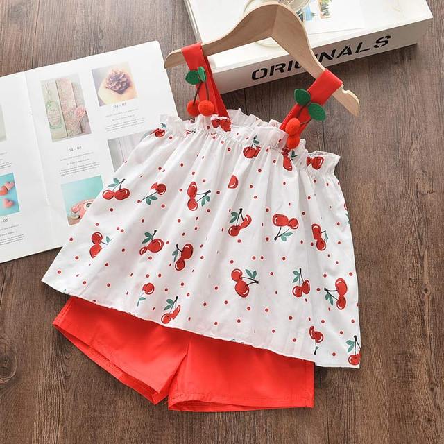 2022 Summer New Kids Clothes Fruit Print Casual Girls Clothing Set + Pants 2 Pack Fashion Ribbon Bow Set Toddler Clothing