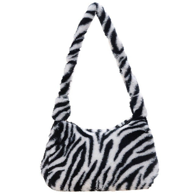 Fashion Women Cow Print Small Shoulder Bags Female Winter Plush Underarm Bags Leopard Zebra Pattern Fluffy Tote Bags Small Purses