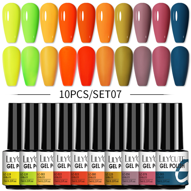 LILYCUTE 10pcs Gel Nail Polish Set With UV Lamp Nude Gel Semi Permanent Hybrid Varnish Base Top Coat Soak Off UV LED Nail Art