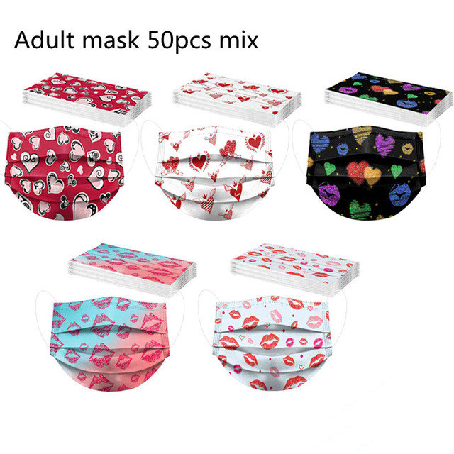 50pcs Disposable Face Mask Adult Women Printed Face Mask Adult Breathable Ear Loop Mask Non-woven Black 3Ply Mascarillas