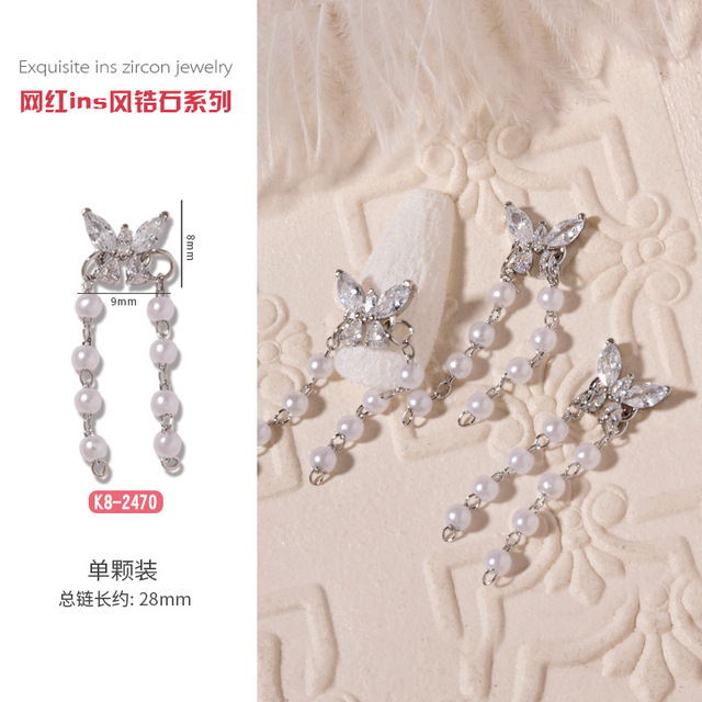 3pcs Nail Art Silver Zircon Star Moon Love Pearl Rabbit Butterfly Chain Nail Decoration