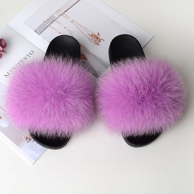 Genuine Fluffy Fur Slippers Women Summer Indoor Flip Flops Fur Sandals Slides Ladies Home Furry Plush Shoes Woman Fur Slides