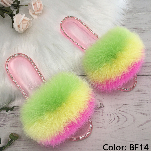 fluffy slippers women real fur home slides summer crystal rhinestones shoes for women flip flops with fur jelly sandals women