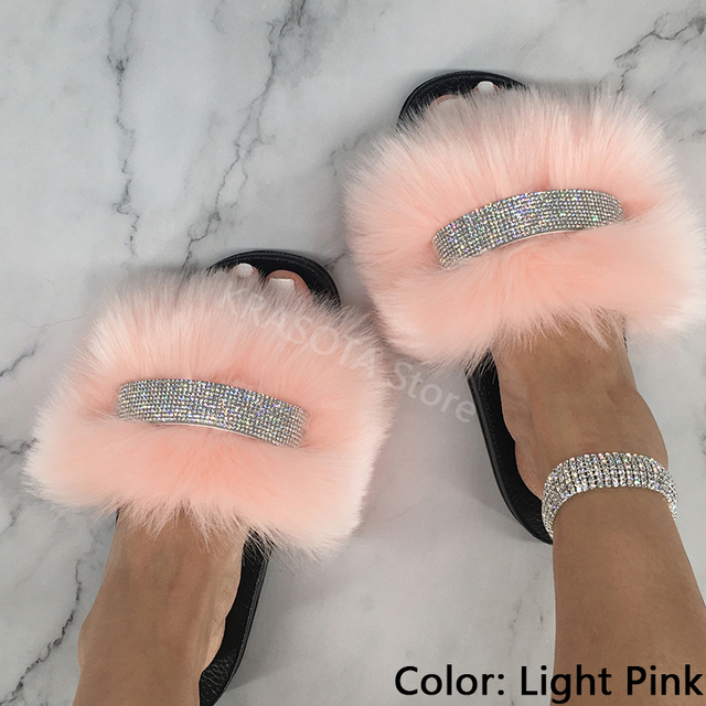 Home Slippers Women Thin Slippers Luxury Summer Faux Fur Slippers Furry Slides Shoes For Women With Rhinestones Slipper 2022