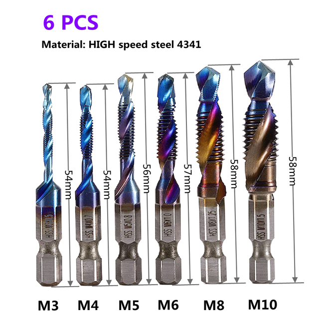 1-6pcs M3 M4 M5 M6 M8 M10 Tap Drill Bits 1/4 Hex Shank Machine Hand Taps Titanium Coated HSS Drill Tap Bits Threaded Screw Tools