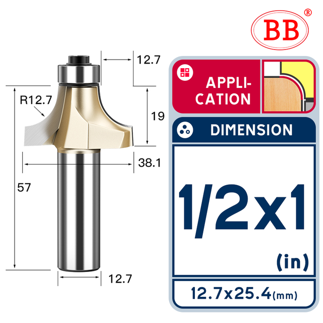 BB Corner Rounding Router Bit Concave Milling Cutter with Parallel Shank 1/2 1/4 Inch Woodworking Tool Round Edge Trimmer