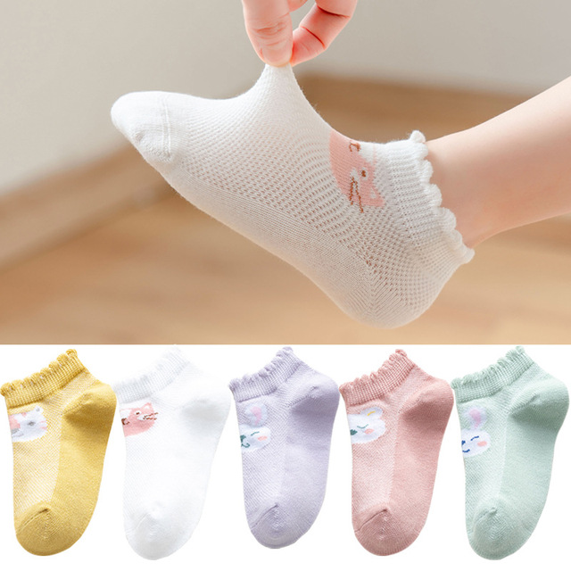 5 Pairs Girls Cotton Socks Summer Thin Mesh Breathable Cute Cartoon Children Socks Toddler Baby Girls Socks Pink 1-12 Years