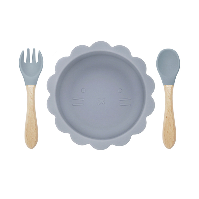 Cute silicone bowl children's complementary tableware food bowl BPA-free waterproof tableware plate wooden spoon silicone fork