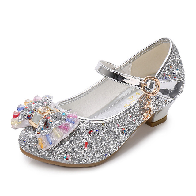 ULKNN-Girls Princess Leather Shoes Casual Floral Sequin High Heel Butterfly Bowknot Shoes Blue Pink Silver