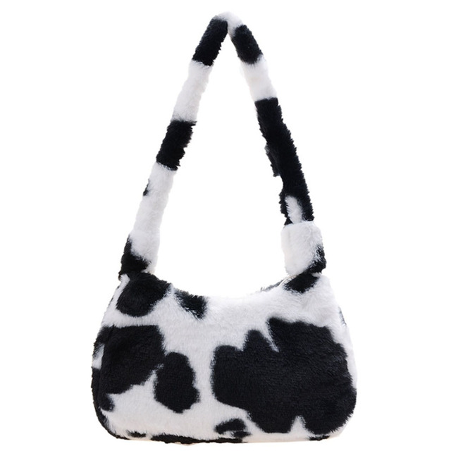 Fashion Women Cow Print Small Shoulder Bags Female Winter Plush Underarm Bags Leopard Zebra Pattern Fluffy Tote Bags Small Purses