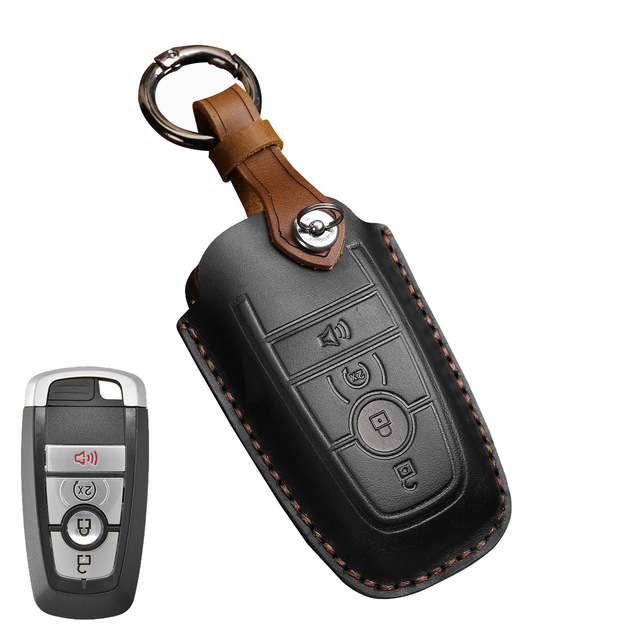 Leather Key Case Cover Fob Keychain Holder For Lincoln Ford Raptor F150 Explorer Everest Ranger Accessories Remote Keyring Bag