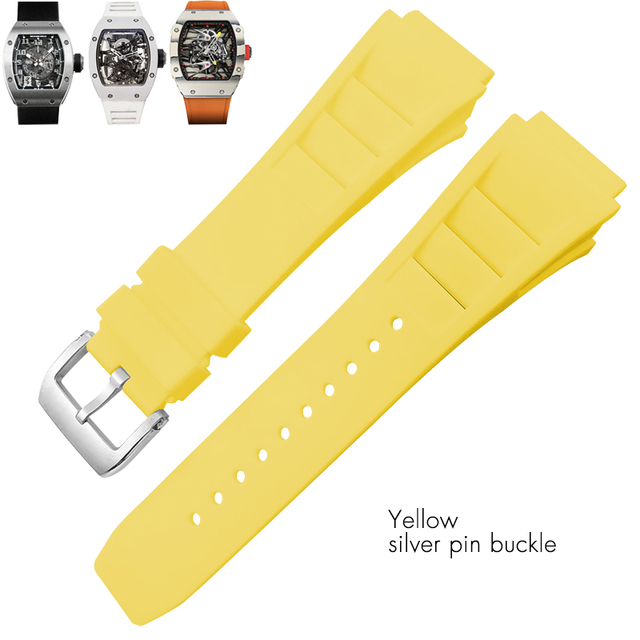 25mm Silicone Watches Rubber Band For Richard Black White Yellow Mil Strap Spring Bar Stainless Steel Buckle Watch Accessories