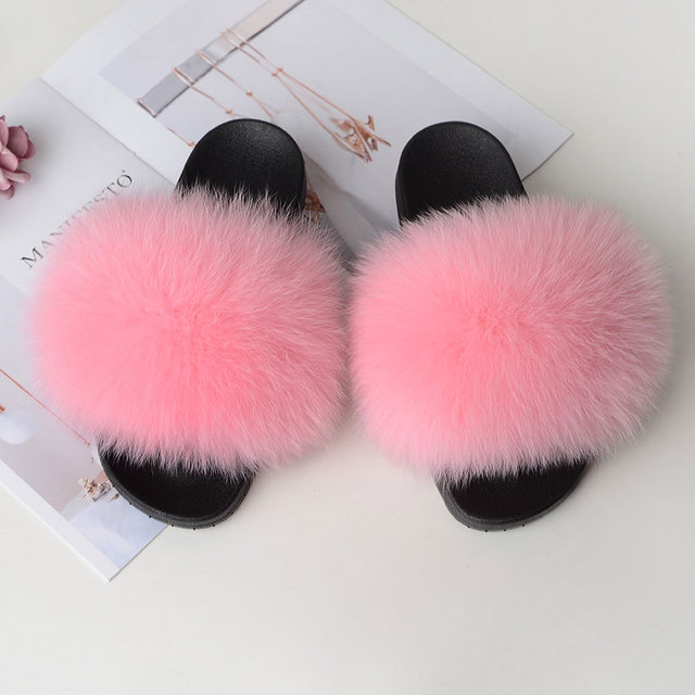 Women Summer Fluffy Fur Slippers Flat Non-slip Solid Real Furry Fur Slides Platform Shoes Plush Fur Sandals Flip Flops Women