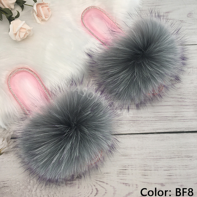 fluffy slippers women real fur home slides summer crystal rhinestones shoes for women flip flops with fur jelly sandals women