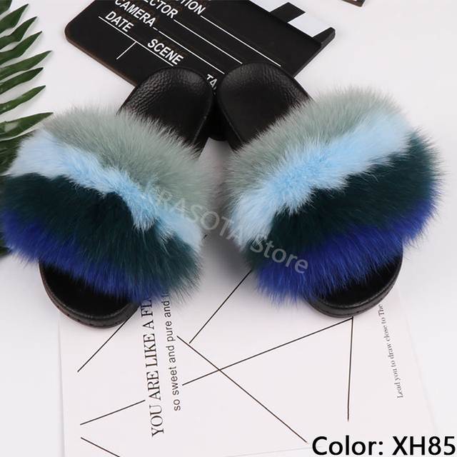 fluffy slippers women luxury real fox fur slippers women home fur slides ladies summer flip flops wholesale flat shoes slippers