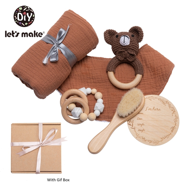 Let's Make Baby Bath Toy Set Double Sided Cotton Blanket Wooden Rattle Bracelet Crochet Toys Baby Birth Gift Products For Kids