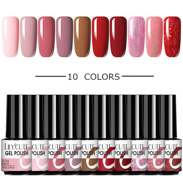 LILYCUTE 10pcs Gel Nail Polish Set With UV Lamp Nude Gel Semi Permanent Hybrid Varnish Base Top Coat Soak Off UV LED Nail Art