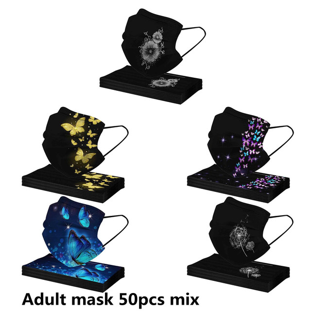 50pcs Disposable Face Mask Adult Women Printed Face Mask Adult Breathable Ear Loop Mask Non-woven Black 3Ply Mascarillas