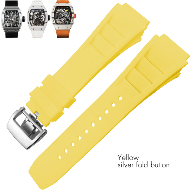 25mm Silicone Watches Rubber Band For Richard Black White Yellow Mil Strap Spring Bar Stainless Steel Buckle Watch Accessories