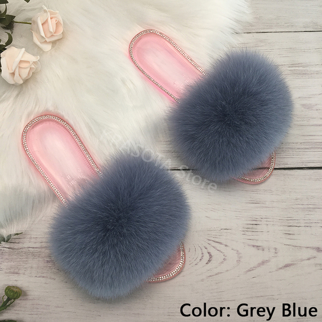 fluffy slippers women real fur home slides summer crystal rhinestones shoes for women flip flops with fur jelly sandals women