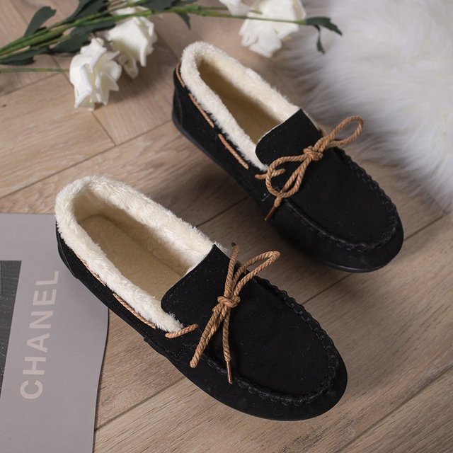 Women Slippers Winter Bow Tie Plush Warm Shoes Inside Loafers Indoor Slippers Ladies Ladies Slip On Shoes Chaussure Femme Women Shoes Non-leather Casual Shoes Women's Shoe Brand