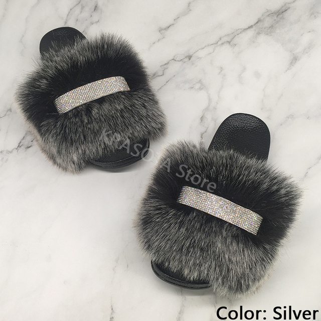 Home Slippers Women Thin Slippers Luxury Summer Faux Fur Slippers Furry Slides Shoes For Women With Rhinestones Slipper 2022