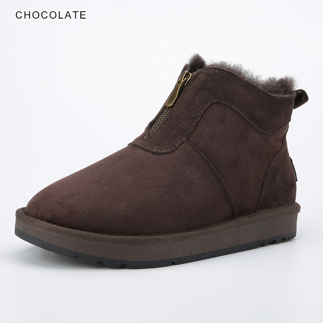 INOE Real Sheepskin Suede Men Sheep Wool Fur Lined Winter Short Ankle Snow Boots With Zipper Keep Warm Waterproof Boots