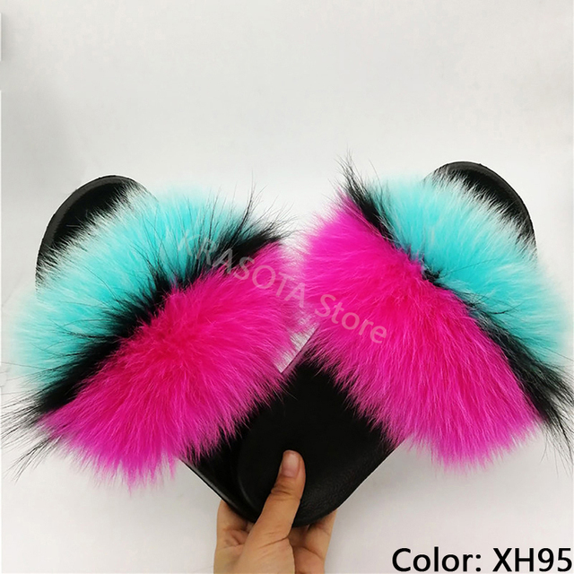 fluffy slippers women luxury real fox fur slippers women home fur slides ladies summer flip flops wholesale flat shoes slippers