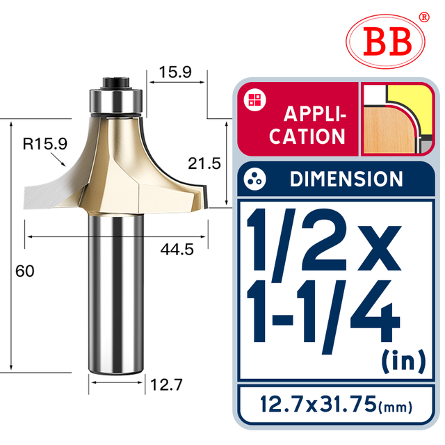 BB Corner Rounding Router Bit Concave Milling Cutter with Parallel Shank 1/2 1/4 Inch Woodworking Tool Round Edge Trimmer