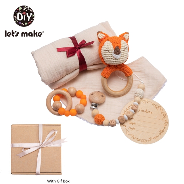 Let's Make Baby Bath Toy Set Double Sided Cotton Blanket Wooden Rattle Bracelet Crochet Toys Baby Birth Gift Products For Kids