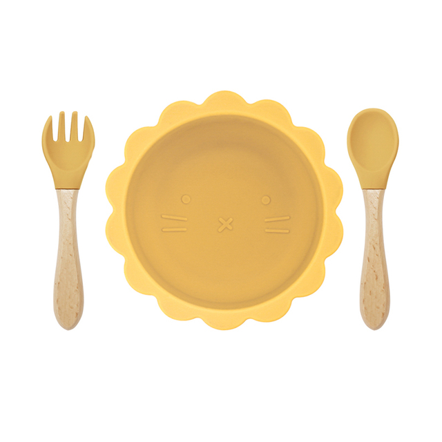 Cute silicone bowl children's complementary tableware food bowl BPA-free waterproof tableware plate wooden spoon silicone fork