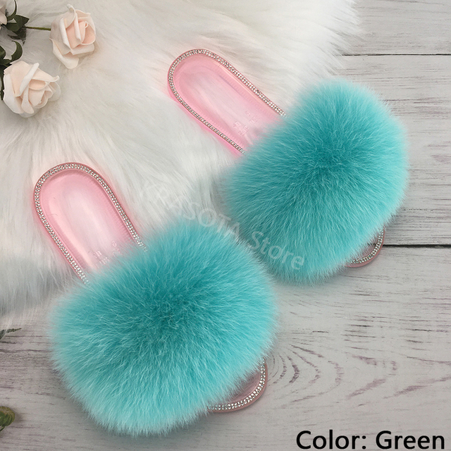 fluffy slippers women real fur home slides summer crystal rhinestones shoes for women flip flops with fur jelly sandals women