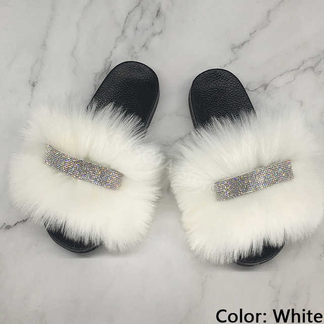 Home Slippers Women Thin Slippers Luxury Summer Faux Fur Slippers Furry Slides Shoes For Women With Rhinestones Slipper 2022